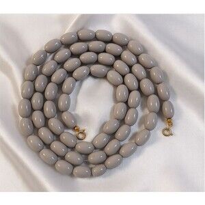 Gold Tone Metal Pastel Gray Oval Plastic Beaded Necklace 30" Grannycore Formal